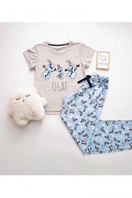 Pijama dama ieftina bumbac cu tricou gri si pantaloni lungi albastri cu imprimeu OLAF