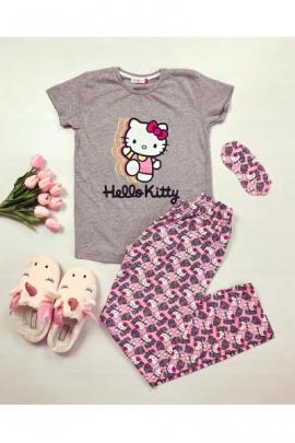 Pijama dama ieftina bumbac cu tricou gri si pantaloni lungi roz cu imprimeu Hello Kitty