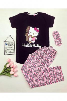 Pijama dama ieftina bumbac cu tricou negru si pantaloni lungi roz cu imprimeu Hello Kitty
