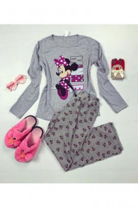 Pijama dama ieftina bumbac lunga cu pantaloni lungi gri si bluza cu maneca lunga gri cu imprimeu Minnie Mouse cu text