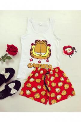 Pijama dama ieftina bumbac primavara vara cu maieu alb si pantaloni scurti rosii cu imprimeu Garfield