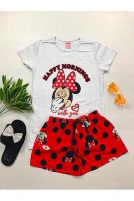 Pijama dama ieftina bumbac scurta cu pantaloni scurti rosii si tricou alb cu imprimeu Minnie Mouse Happy Mornings