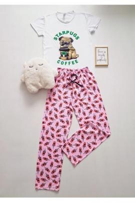 Pijama dama ieftina cu tricou alb si pantaloni lungi roz cu imprimeu Starpugs