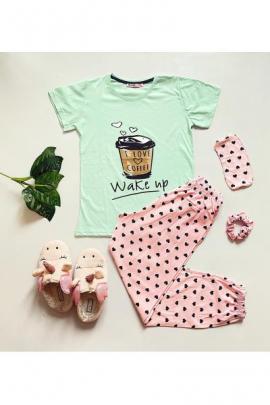 Pijama dama ieftina cu tricou turcoaz si pantaloni lungi roz cu imprimeu Coffee Wake up