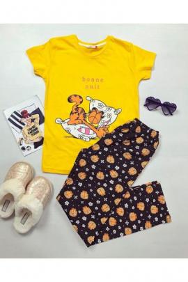 Pijama dama ieftina din bumbac cu tricou galben si pantaloni negri cu imprimeu Garfield bonne nuit