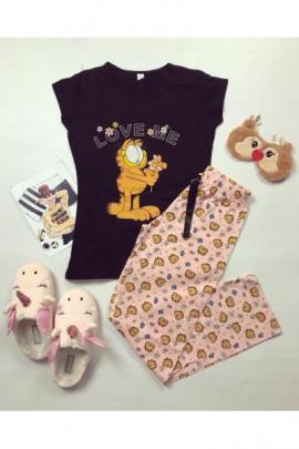 Pijama dama ieftina din bumbac cu tricou negru si pantaloni roz cu imprimeu Garfield Love Me