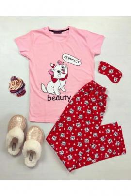 Pijama dama ieftina din bumbac cu tricou roz si pantaloni rosii cu imprimeu Beauty Cat