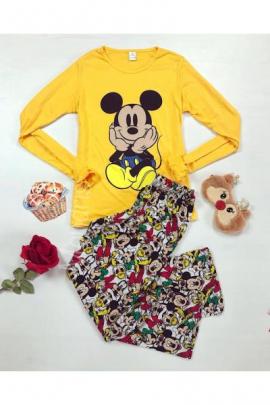 Pijama dama ieftina din bumbac lunga cu pantaloni lungi colorati si bluza cu maneca lunga galbena cu imprimeu Mickey Mouse ganditor