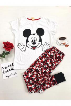 Pijama dama ieftina din bumbac lunga cu pantaloni lungi negri si tricou alb cu imprimeu Mickey Mouse cu palme