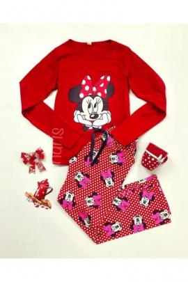 Pijama dama ieftina din bumbac lunga cu pantaloni lungi rosii si bluza cu maneca lunga rosie cu imprimeu Minnie Mouse Happy Face