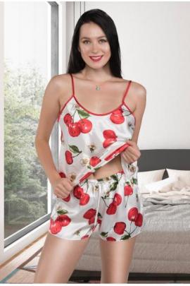 Pijama dama ieftina primavara-vara alb din satin lucios cu imprimeu Cirese rosii