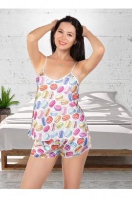 Pijama dama ieftina primavara-vara alba din satin lucios cu imprimeu Macaroons