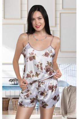 Pijama dama ieftina primavara-vara alba din satin lucios cu imprimeu trandafir maro