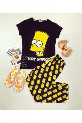 Pijama dama ieftina primavara-vara cu pantaloni lungi si tricou negru cu imprimeu Bart Simpson