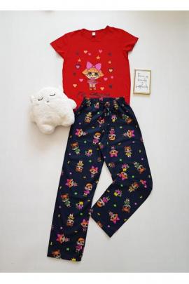 Pijama dama ieftina primavara-vara cu pantaloni lungi si tricou rosu cu imprimeu Fetita Happy