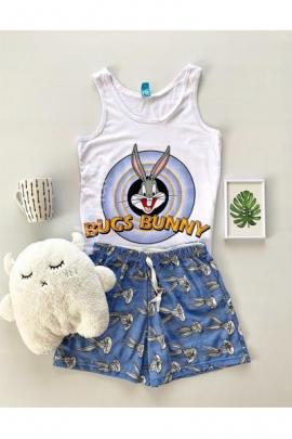 Pijama dama ieftina primavara-vara cu pantaloni scurti albastrii si maieu alb cu imprimeu Bugs Bunny
