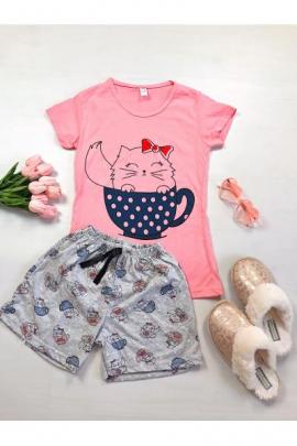Pijama dama ieftina primavara-vara cu pantaloni scurti gri si tricou roz cu imprimeu Cat in a Cup
