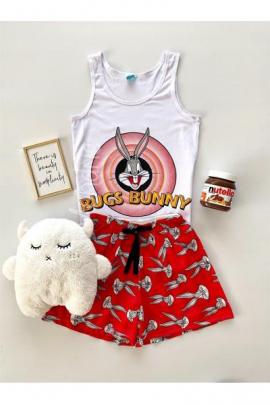 Pijama dama ieftina primavara-vara cu pantaloni scurti rosii si maieu alb cu imprimeu Bugs Bunny
