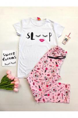 Pijama dama ieftina primavara-vara cu tricou alb si pantaloni lungi roz cu imprimeu Sleep