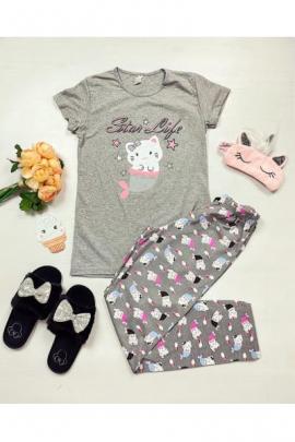 Pijama dama ieftina primavara-vara cu tricou gri si pantaloni gri cu imprimeu Star life