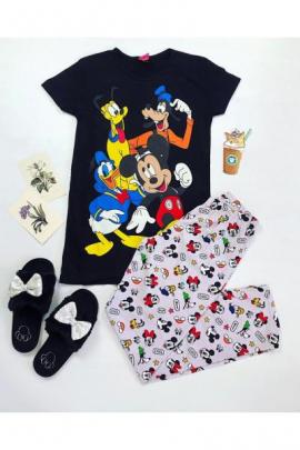 Pijama dama ieftina primavara-vara cu tricou negru si pantaloni lungi gri cu imprimeu Disney