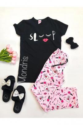 Pijama dama ieftina primavara-vara cu tricou negru si pantaloni lungi roz cu imprimeu Sleep