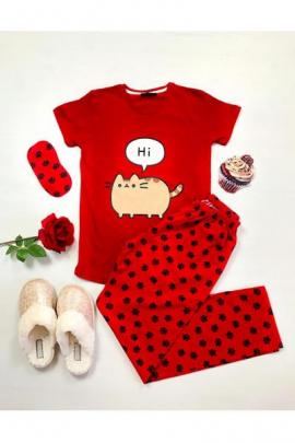 Pijama dama ieftina primavara-vara cu tricou rosu si pantaloni lungi rosii cu imprimeu Pisicuta Hi, bye