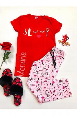 Pijama dama ieftina primavara-vara cu tricou rosu si pantaloni lungi roz cu imprimeu Sleep