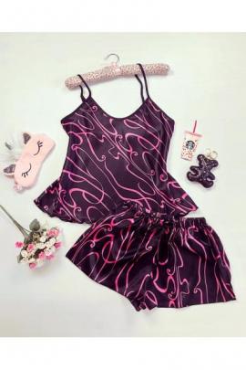 Pijama dama ieftina primavara-vara negru cu roz din satin lucios cu imprimeu linii serpuite