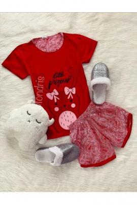 Pijama dama ieftina primavara-vara rosie cu tricou si pantaloni scurti cu imprimeu Little Princess