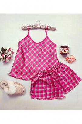 Pijama dama ieftina primavara-vara roz din satin lucios cu imprimeu carouri