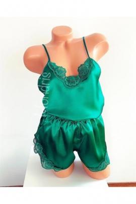 Pijama dama ieftina primavara-vara verde Lady cu model dantelat