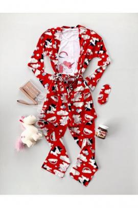 Pijama dama ieftina rosie cu roz compusa din halat, tricou si pantaloni lungi cu imprimeu Unicorn