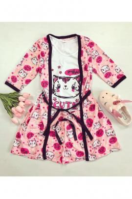 Set pijama dama 3 piese alcatuit din maieu + pantaloni scurti + halat roz cu imprimeu Cute Kitty
