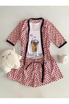 Set pijama dama 3 piese alcatuit din maieu + pantaloni scurti + halat roz cu imprimeu Wake Up Coffee
