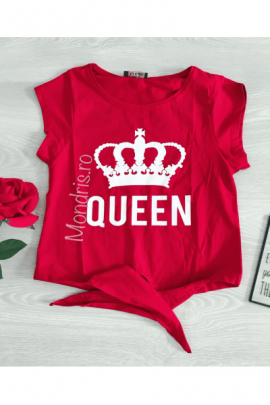 Tricou dama rosu cu imprimeu Queen strans la talie cu funda