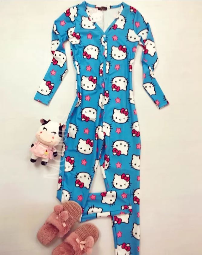 pijama dama salopeta bumbac hello kitty albastra de iarna