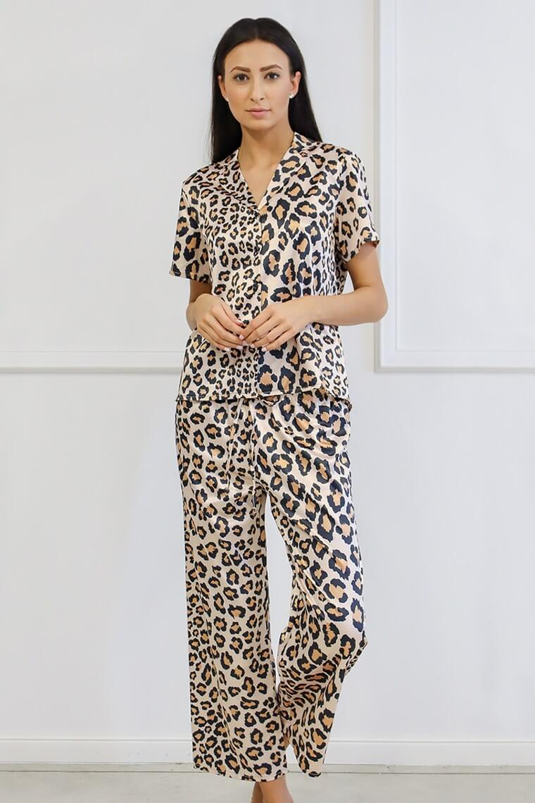 pijama dama satin lunga eleganta imprimeu leopard